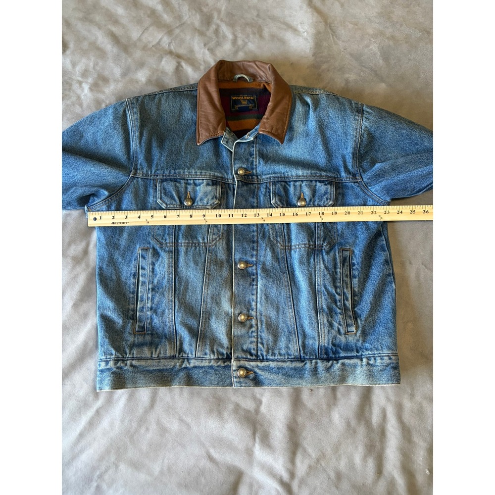 Vintage Woolrich Denim Trucker Jacket Leather Collar Fleece Lined Blue Mens XL - Picture 4 of 8